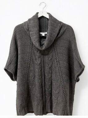 New York & Company Cable Knit Cowl Neck Sweater Poncho Gray Size L